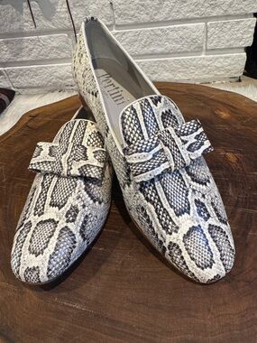 Perlina Black & White Snake-Print Loafers with Bow Detail